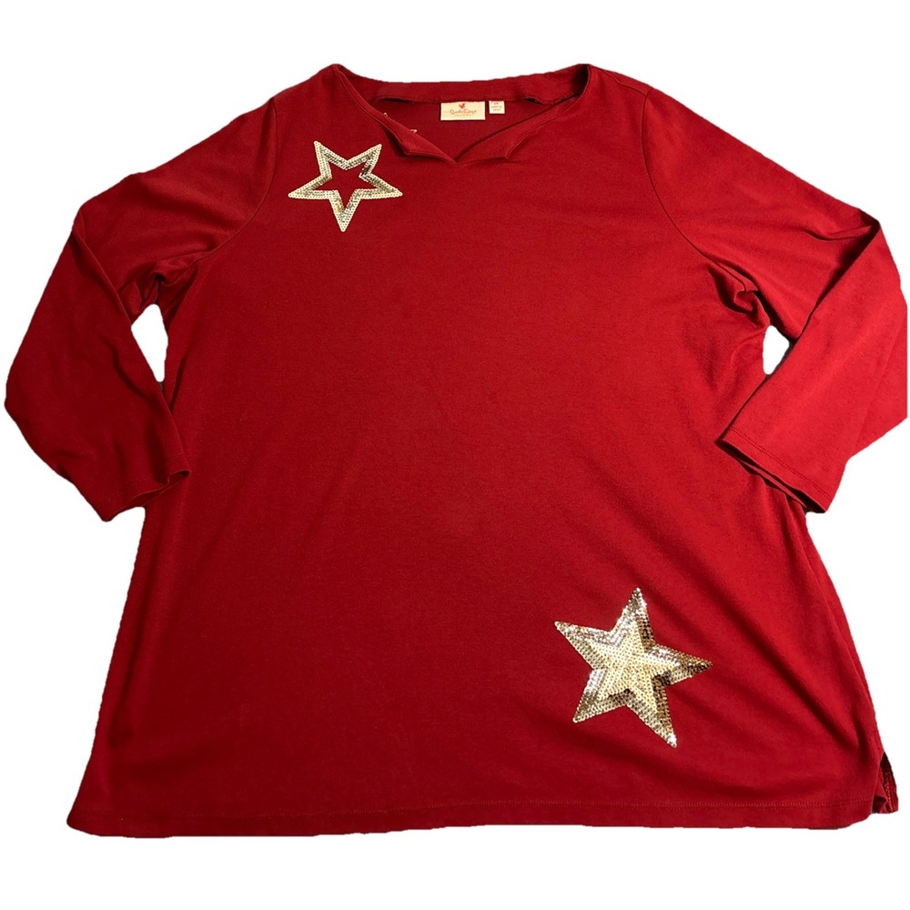 Quacker Factory Top Women's Red Excellent Sequin Star Long Sleeve Split Neck 2X